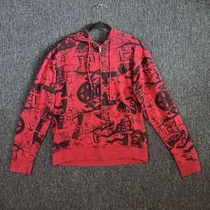 VTG Iron Fist Fabricated Violence Graphic Zip Up Hoodie XL Red Punk Grunge Goth